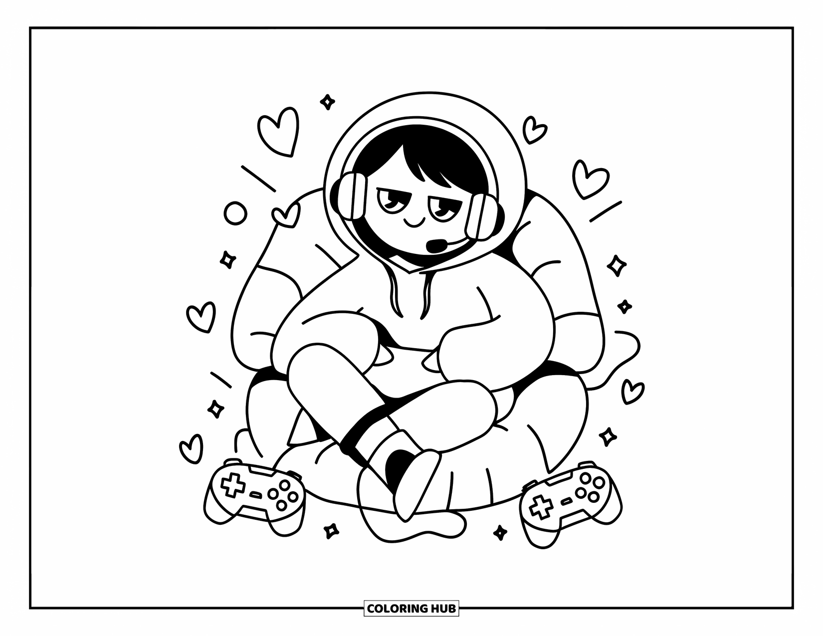 Gamer Coloring Page for Adults: A kawaii gamer in a hoodie lounging with blankets, controllers, and floating hearts