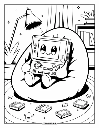 Gamer kifestő felnőtteknek: Kawaii kézi konzol karakter babzsákon ül kazettákkal és csillagokkal