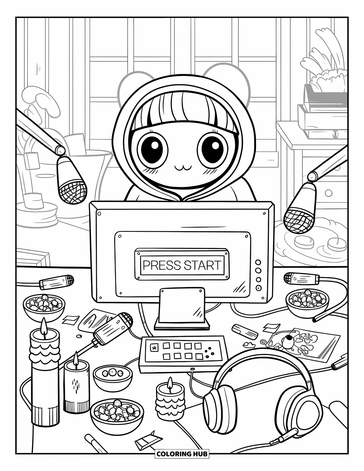 Gamer Coloring Page for Adults: A kawaii streamer at a desk with monitor, headset, and cozy candles