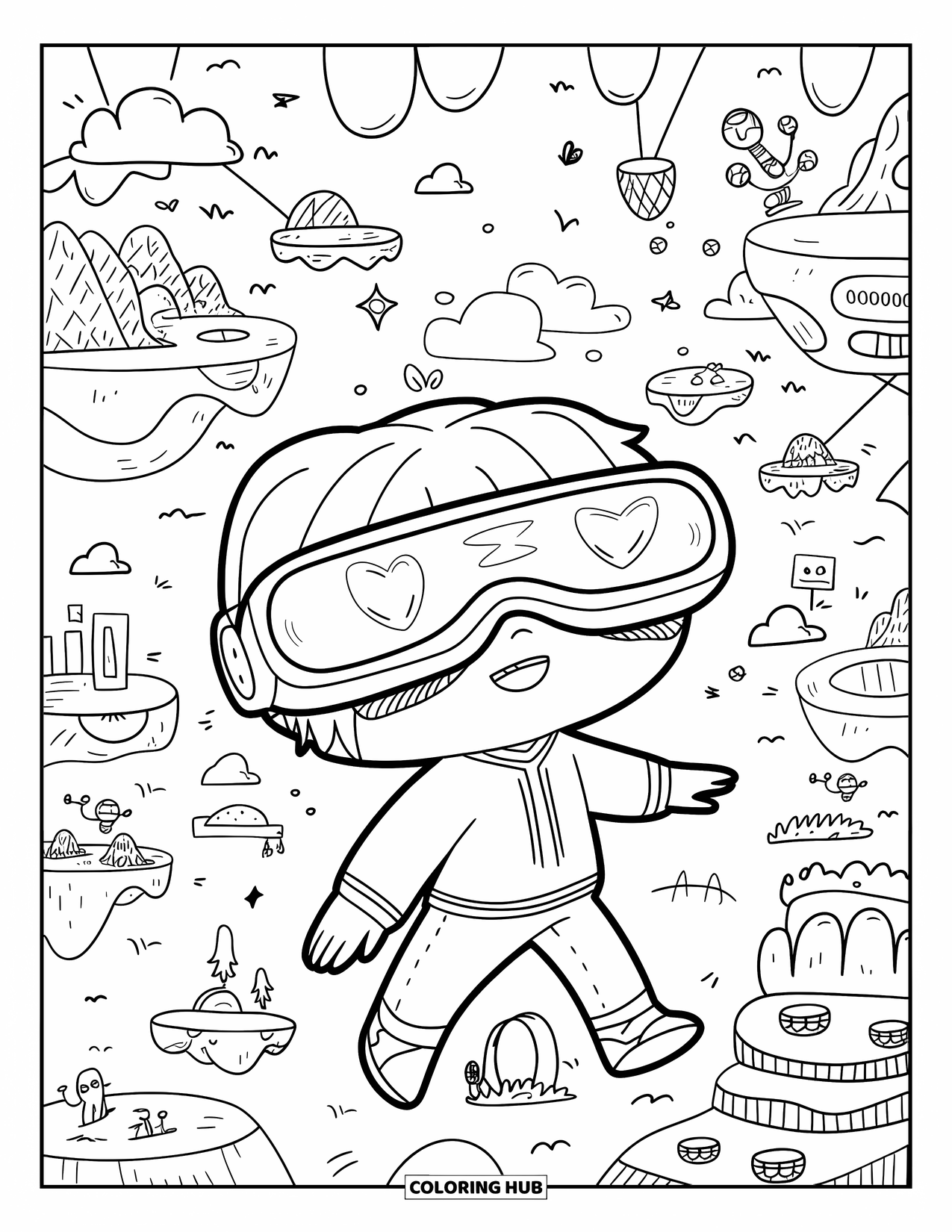 Gamer Coloring Page for Adults: A VR gamer with goggles exploring floating islands, creatures, and game icons