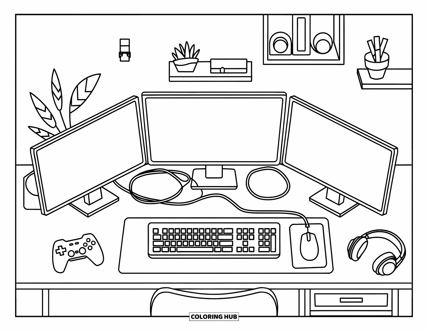 Gamer Coloring Page for Adults: An overhead view of a gamer's desk with monitors, headset, and controller