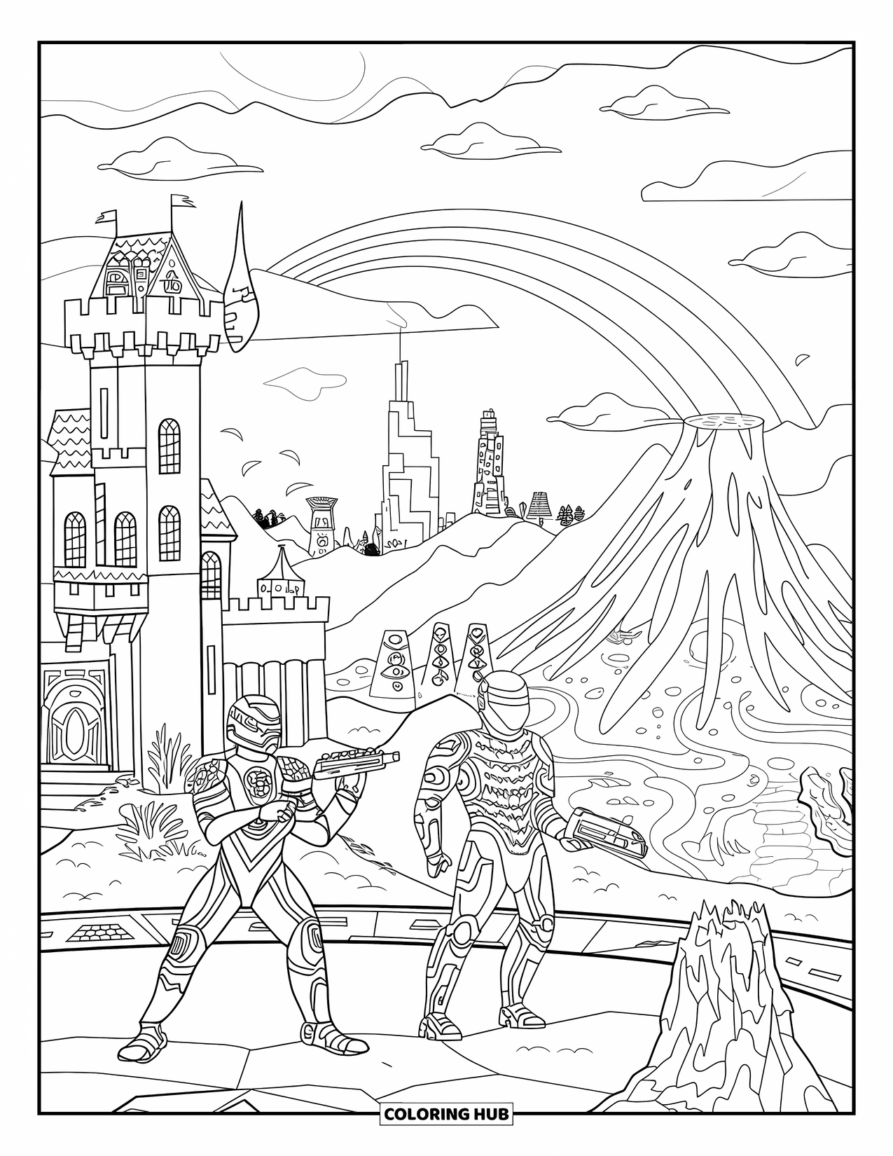 Gamer Coloring Page for Adults: Gamers in armor fighting in an arena with castles and floating islands