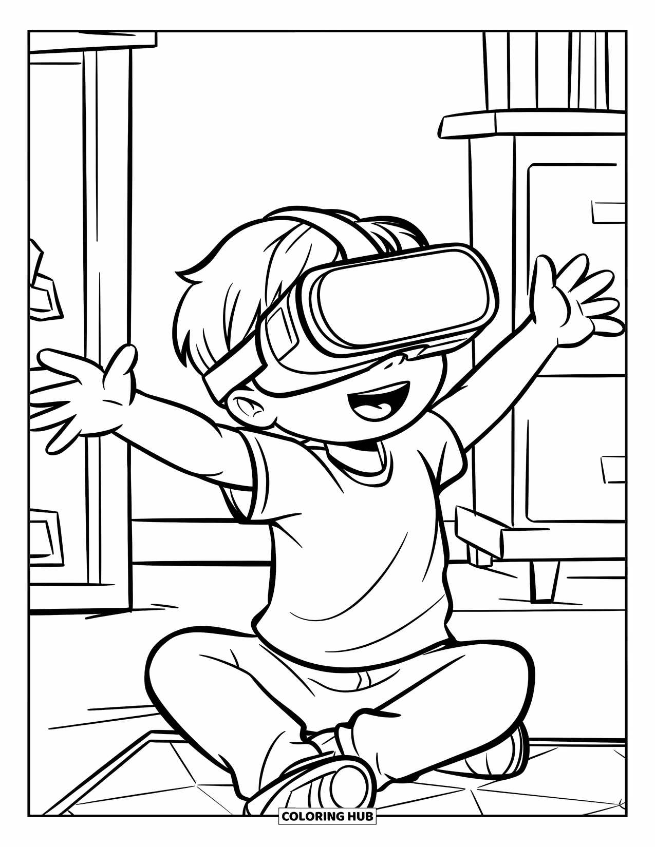 Gamer Coloring Page for Kids: A child gamer with a VR headset swinging arms in a room