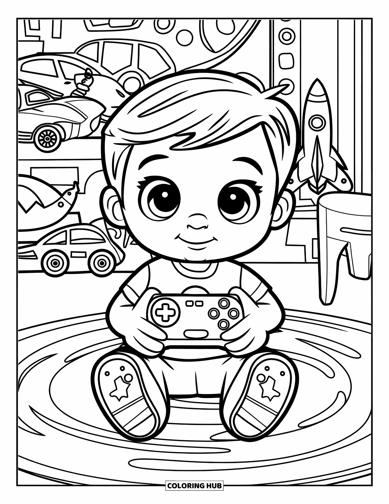 Gamer Coloring Page for Kids: A child on a rug holding a controller surrounded by toys
