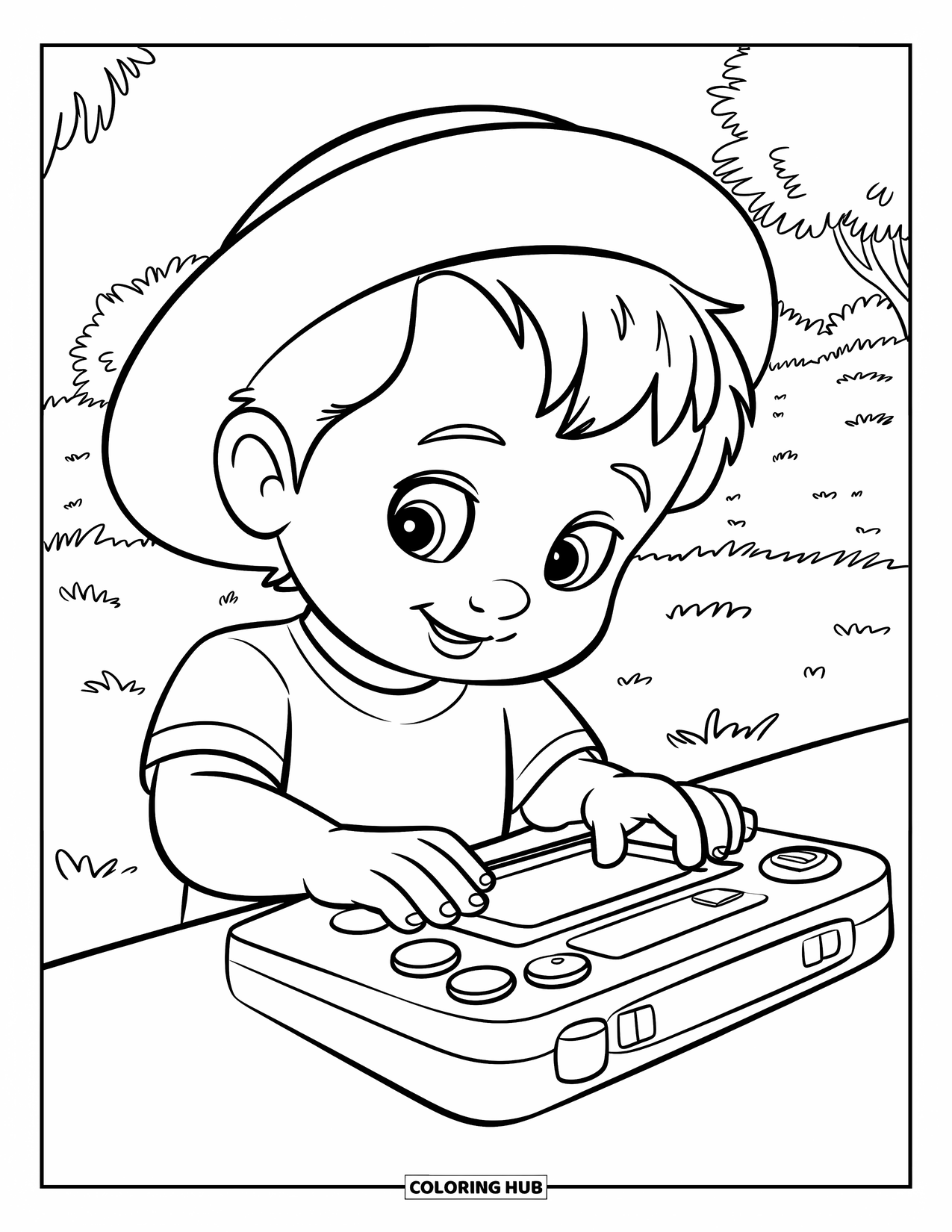 Gamer Coloring Page for Kids: A child with a hat playing on a portable console in a grassy field