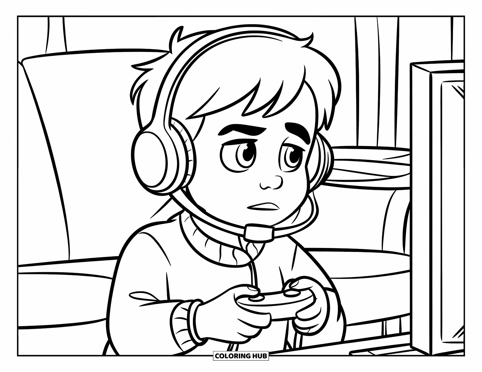 Gamer Coloring Page for Kids: A child with a headset playing a game in front of a TV