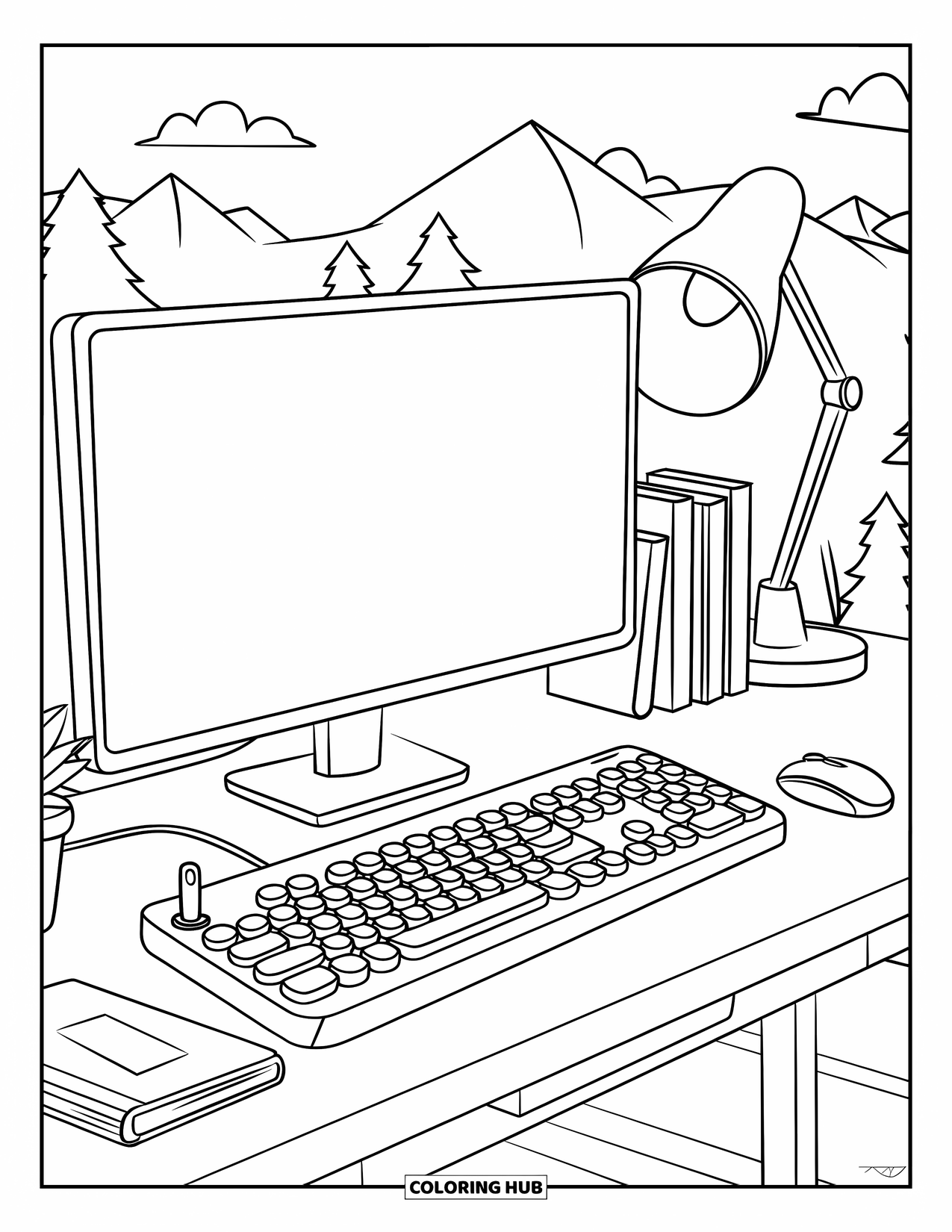 Gamer Coloring Page for Kids: A chunky gaming keyboard on a desk with books, lamp, and plant