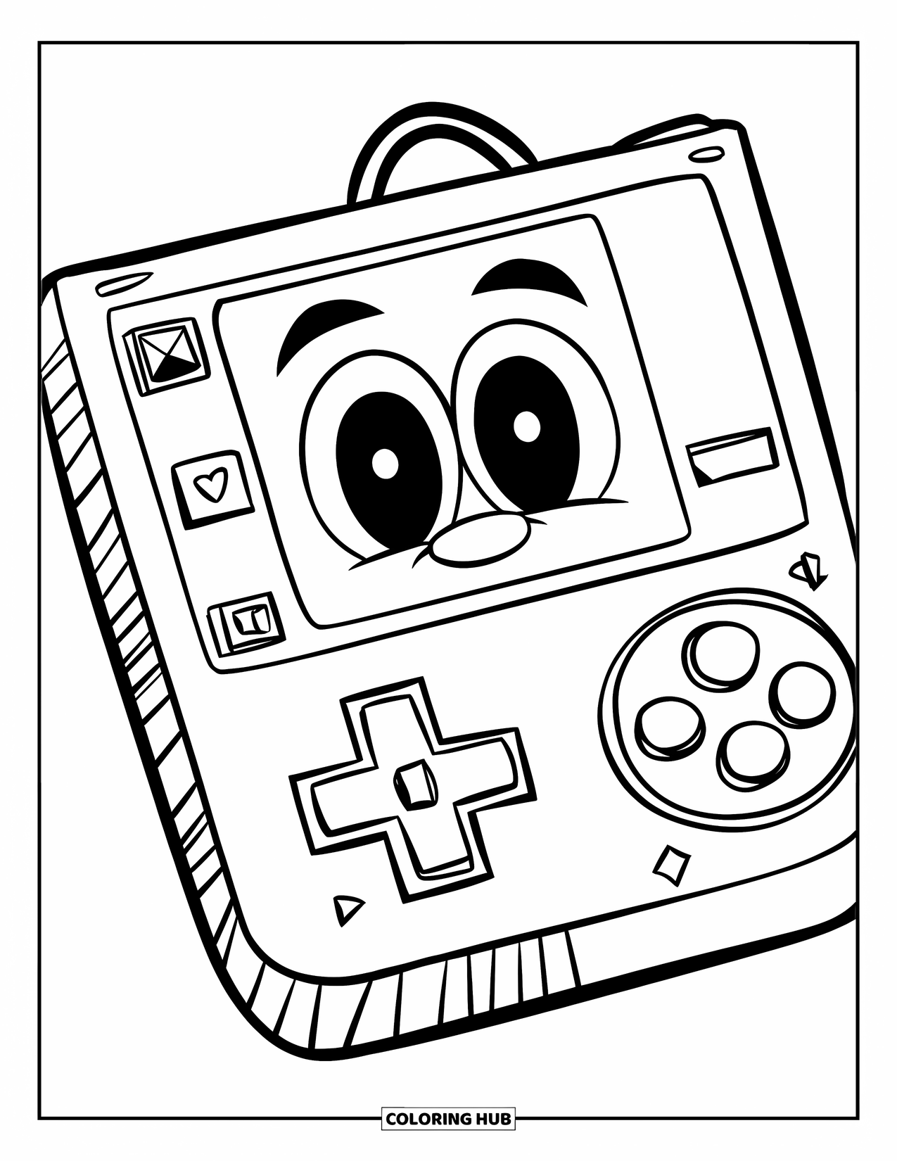 Gamer Coloring Page for Kids: A friendly handheld console with a large "Start" button and symbols