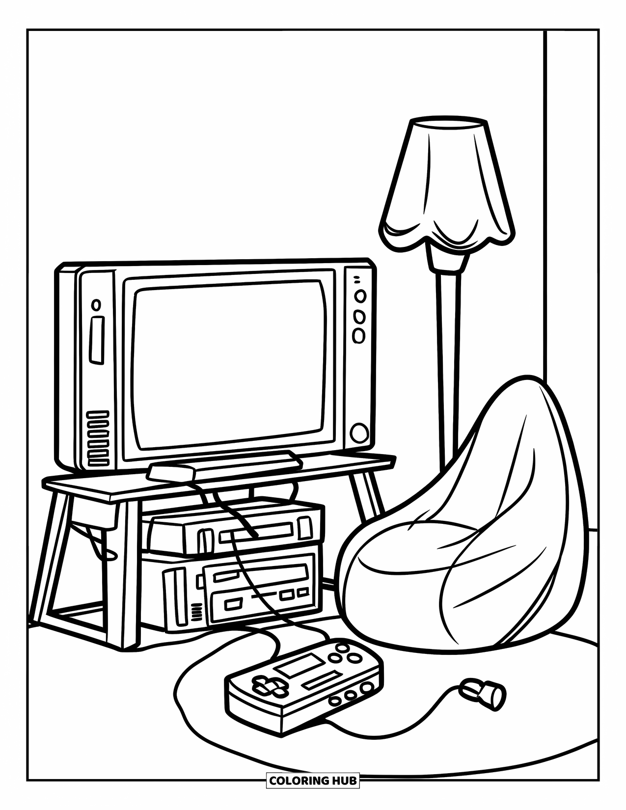 Gamer Coloring Page for Kids: A gaming setup with a console, TV stand, lamp, and bean bag chair