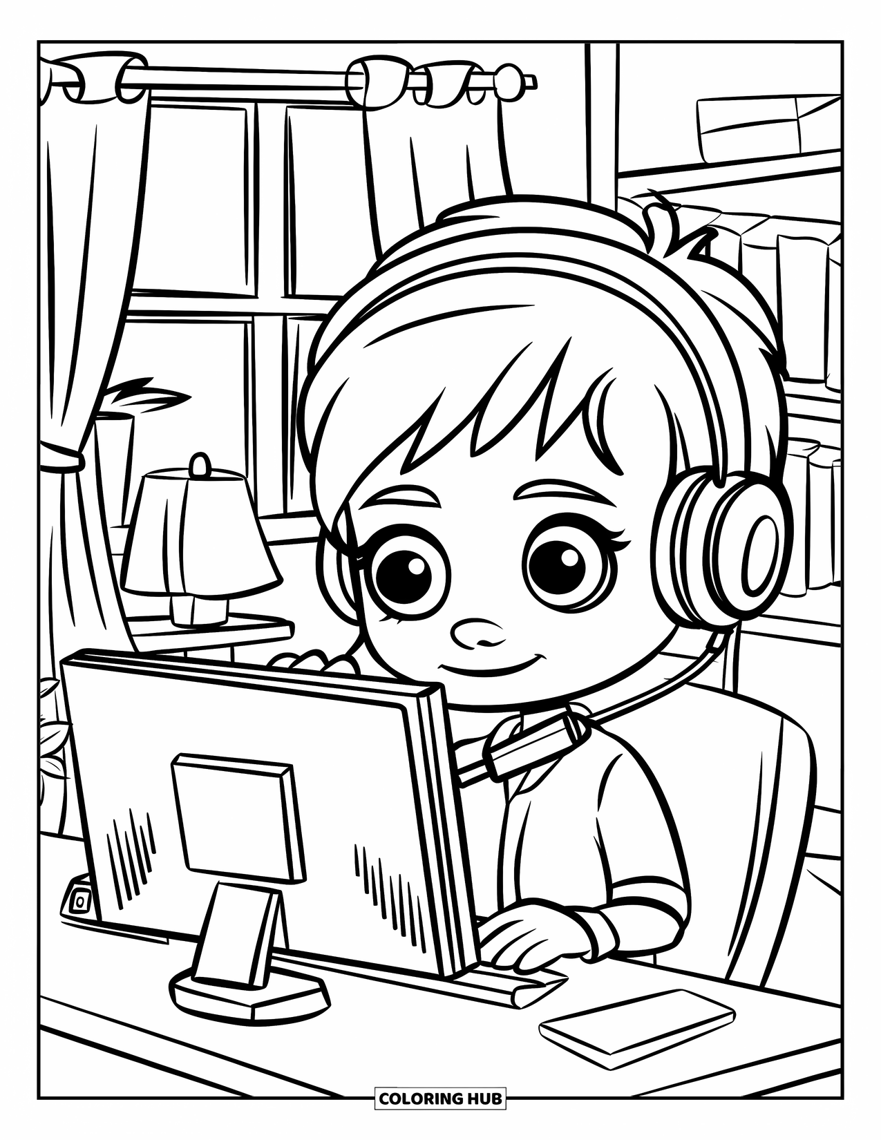 Gamer Coloring Page for Kids: A kid streaming a game at a desk with a microphone and monitor