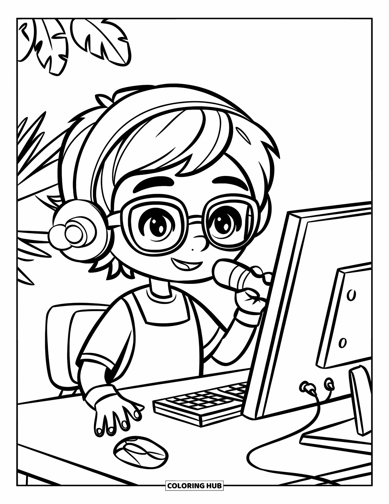 Gamer Coloring Page for Kids: A kid with glasses streaming a game at a desk with a microphone