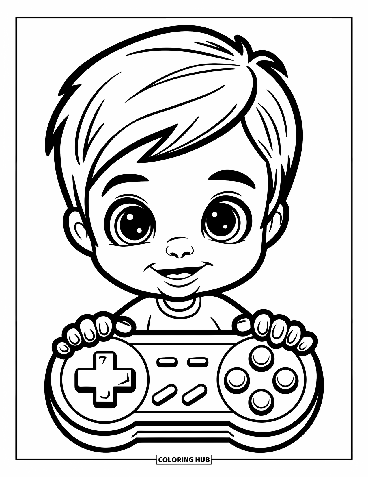 Gamer Coloring Page for Kids: A kid with short hair holding a controller with big symbols