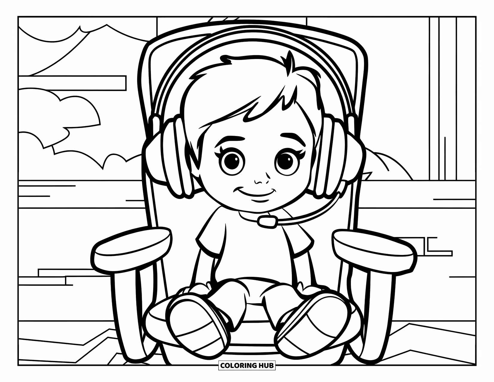Gamer Coloring Page for Kids: A small kid in a big gaming chair wearing a headset