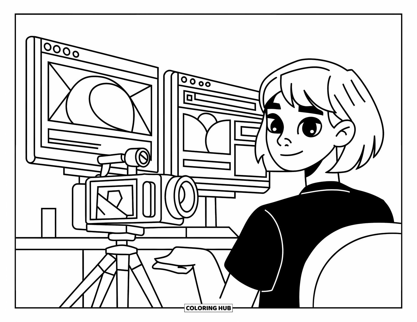 Gamer Coloring Page for Kids: A streamer with short hair using multiple screens and a tripod camera