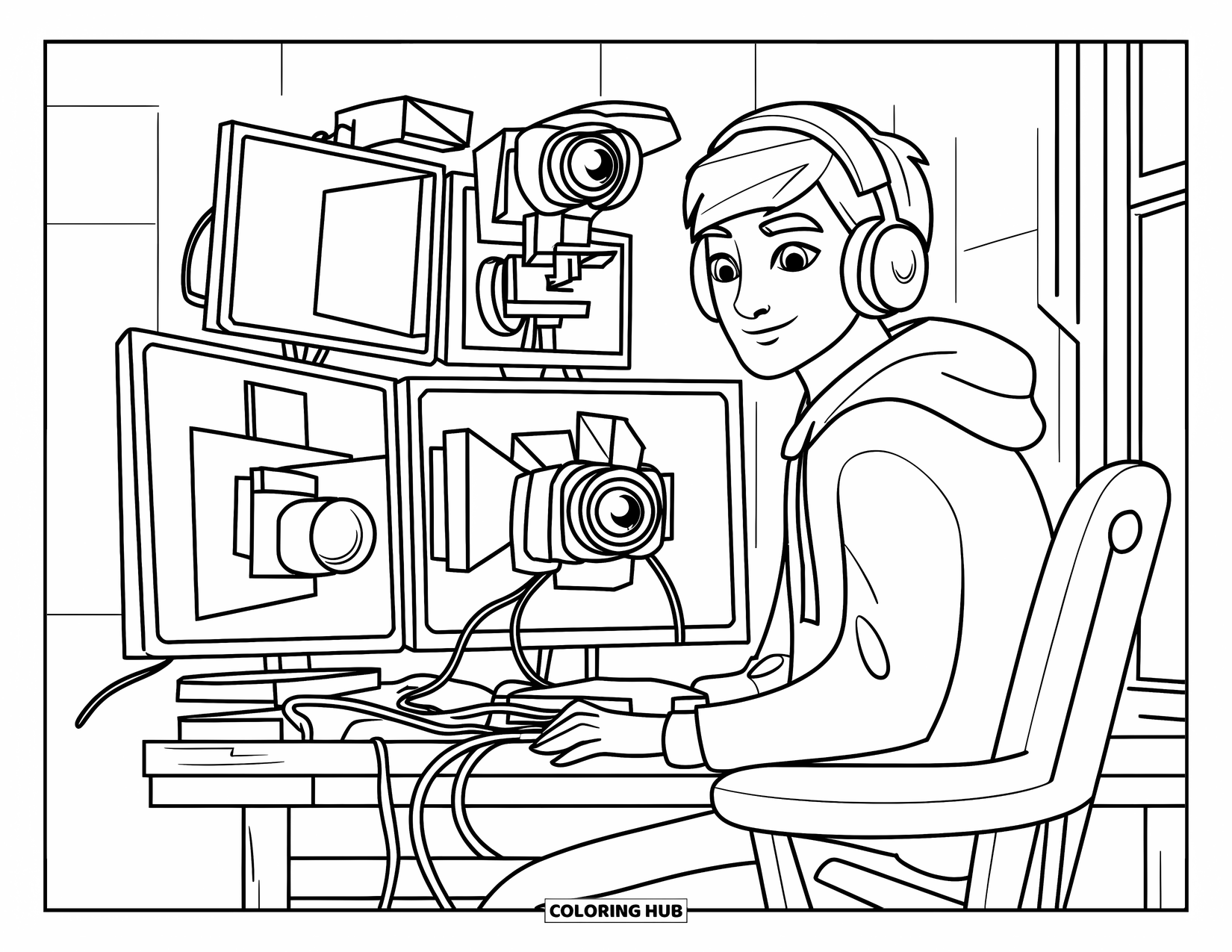 Gamer Coloring Page for Kids: A teen streamer with multiple screens and a camera setup