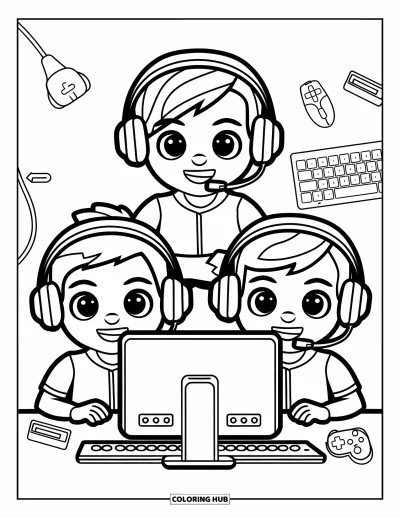Gamer kifestő gyerekeknek: Három fejhallgatós gyerek együtt ül egy számítógép előtt