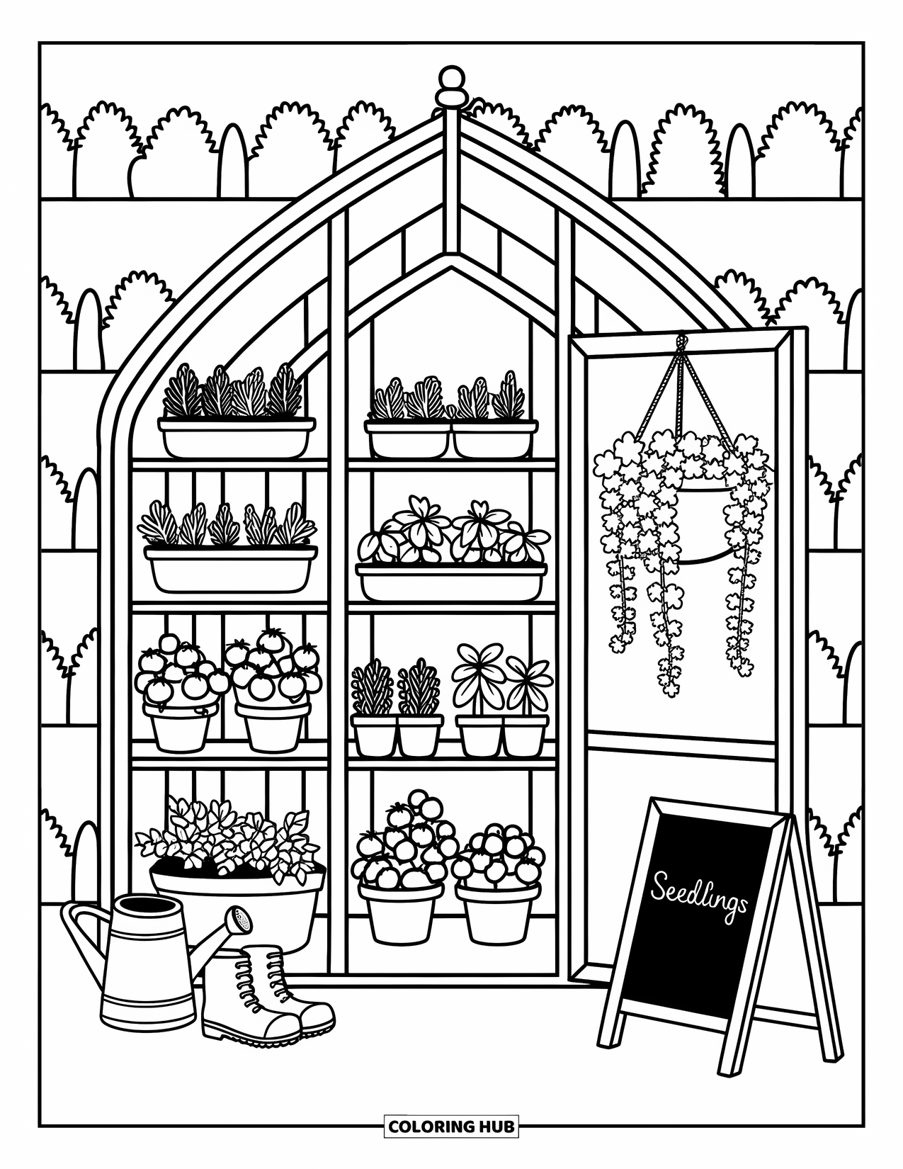 Gardening Coloring Page for Adults: Arched greenhouse with herbs, tomato vines, and a hanging ivy basket