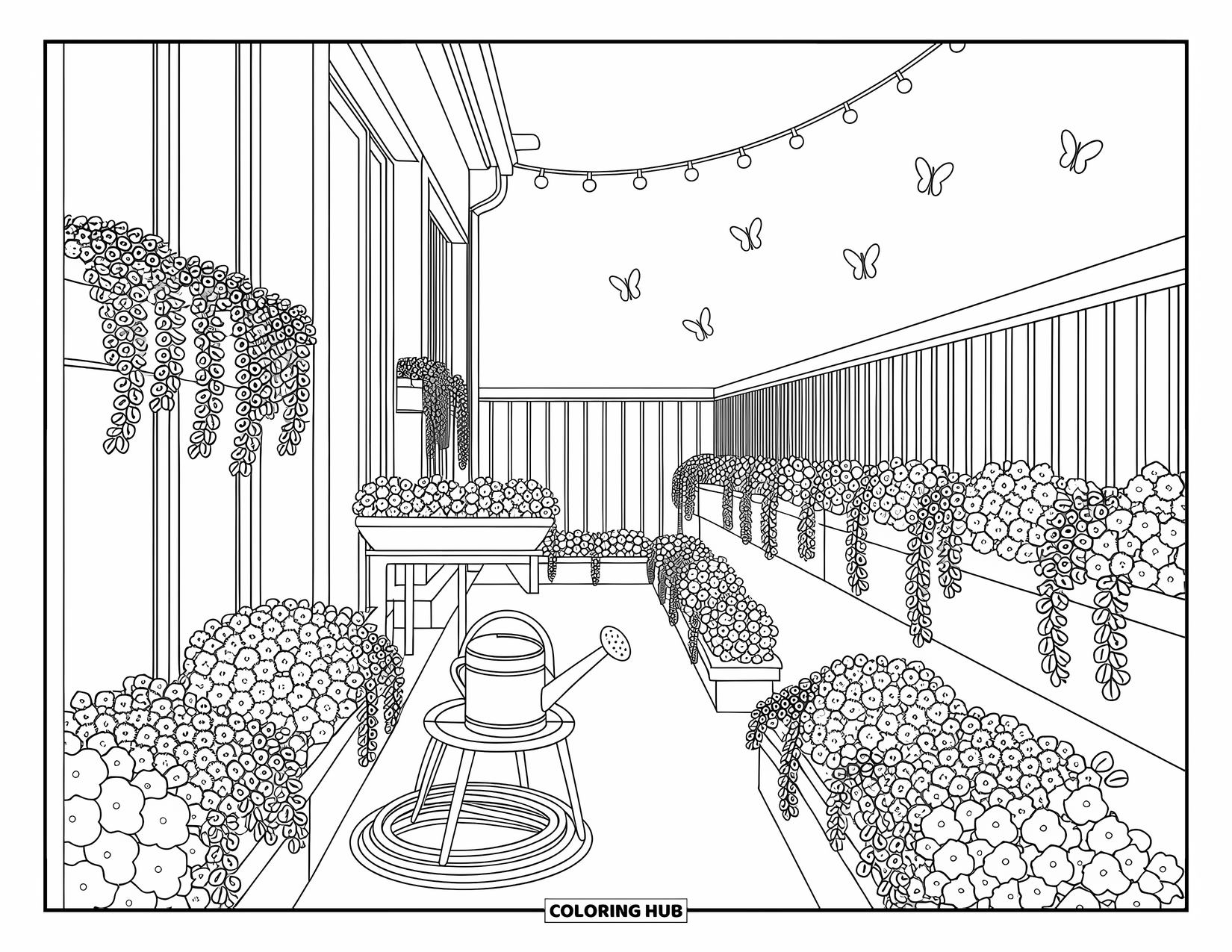 Gardening Coloring Page for Adults: Balcony with plants, string lights, and butterflies fluttering above the flowers