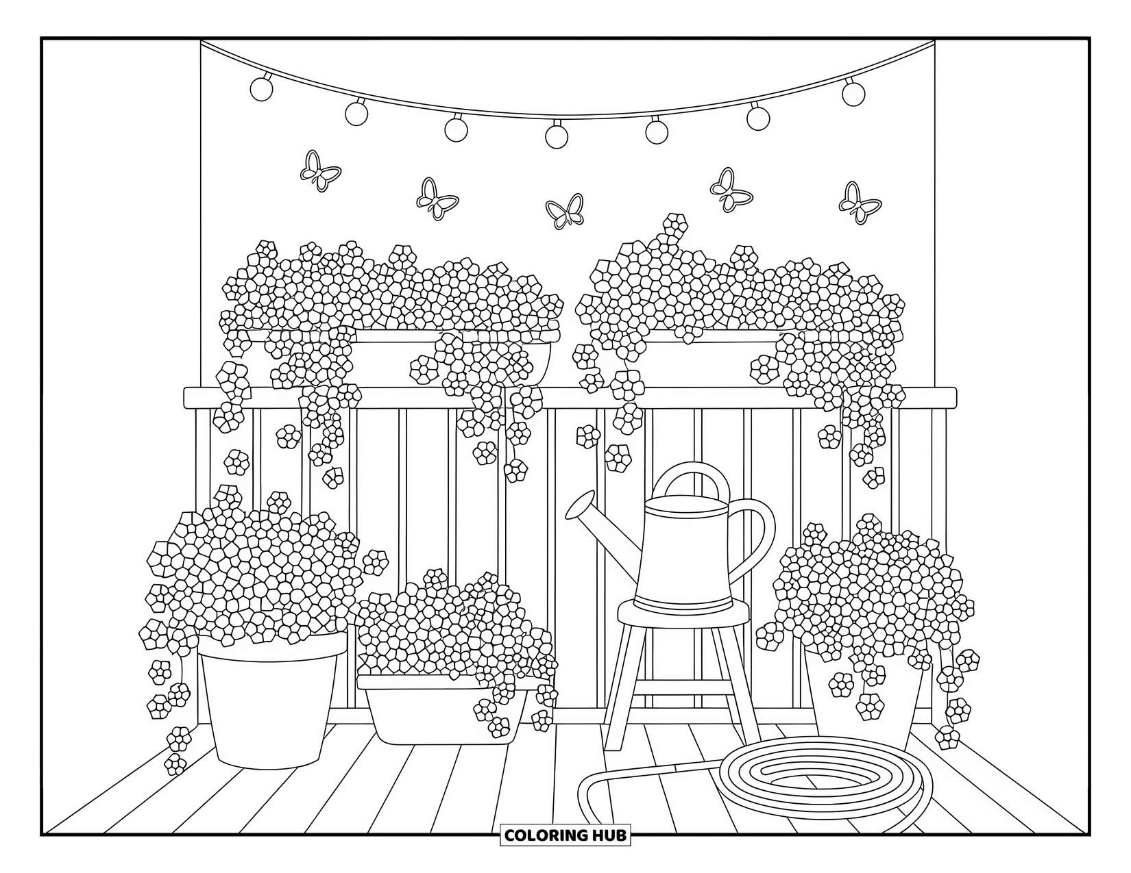 Gardening Coloring Page for Adults: Cozy balcony garden with hanging baskets, potted plants, and string lights