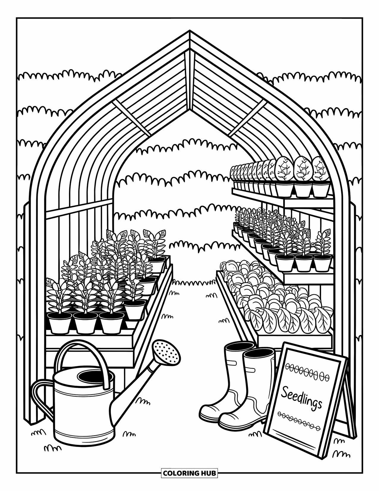 Gardening Coloring Page for Adults: Greenhouse with seedlings, watering can, boots, and a chalkboard sign