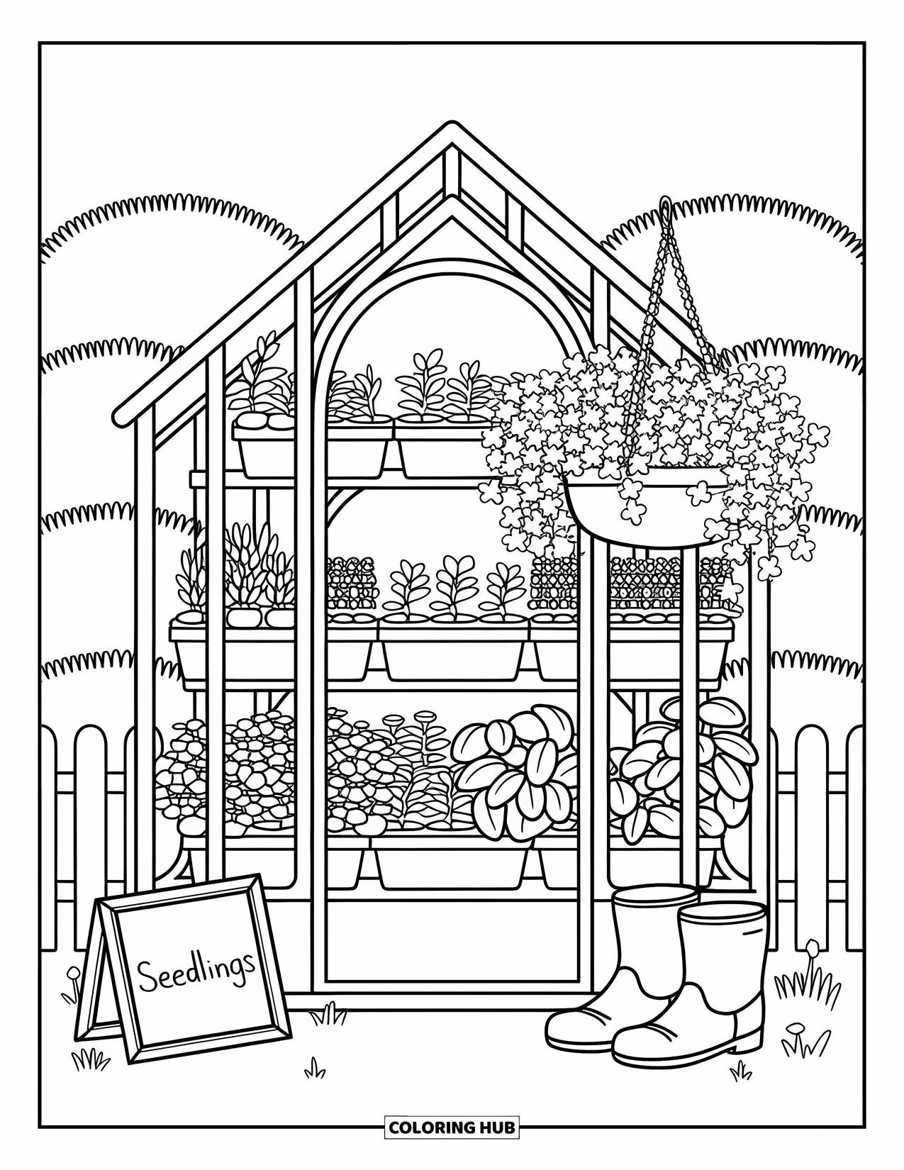 Gardening Coloring Page for Adults: Miniature greenhouse filled with herbs, tomatoes, and a hanging ivy basket