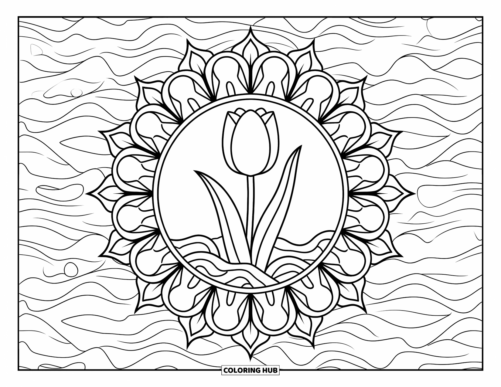Gardening Coloring Page for Adults: Single blooming tulip framed by a floral mandala pattern