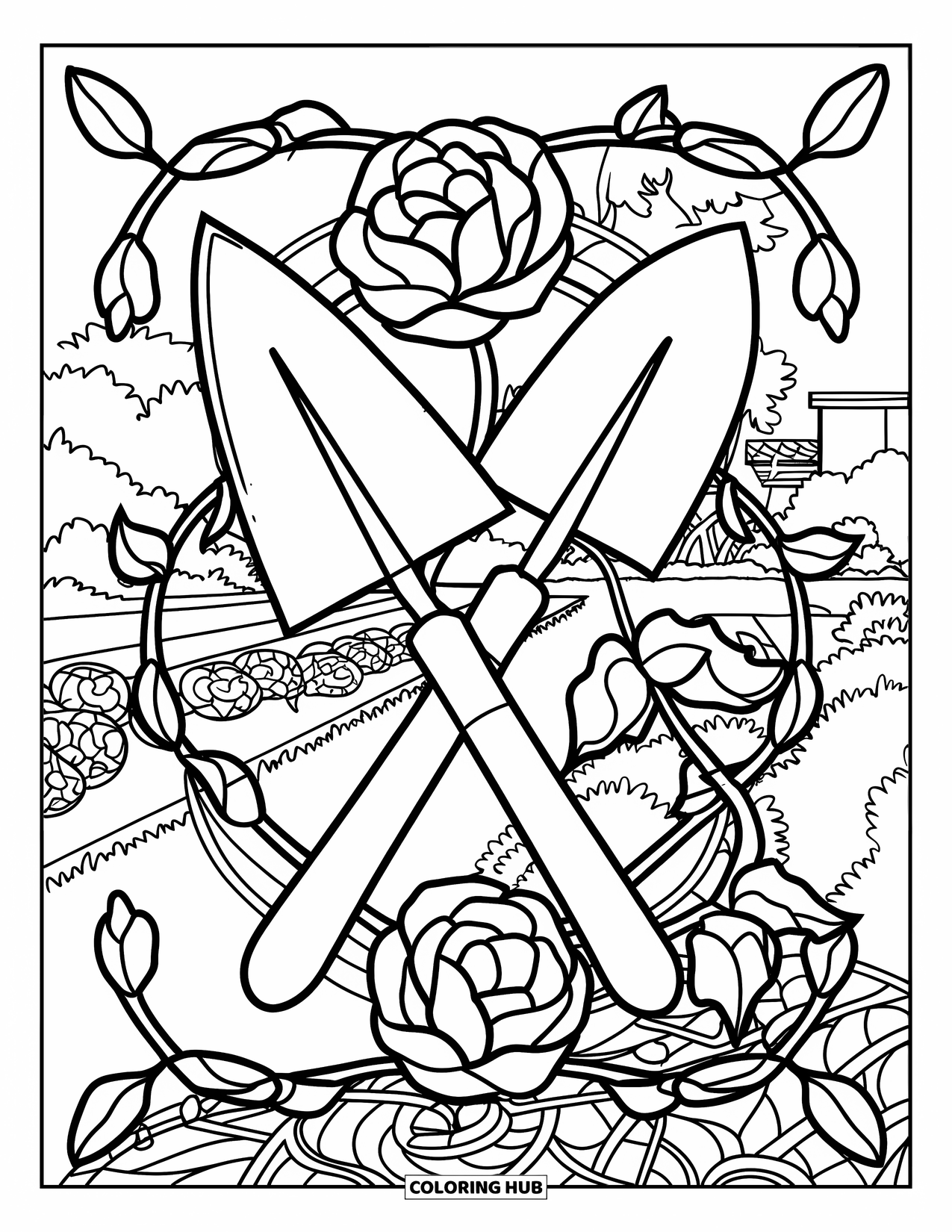 Gardening Coloring Page for Adults: Spade and trowel crossed among patterned stained glass roses