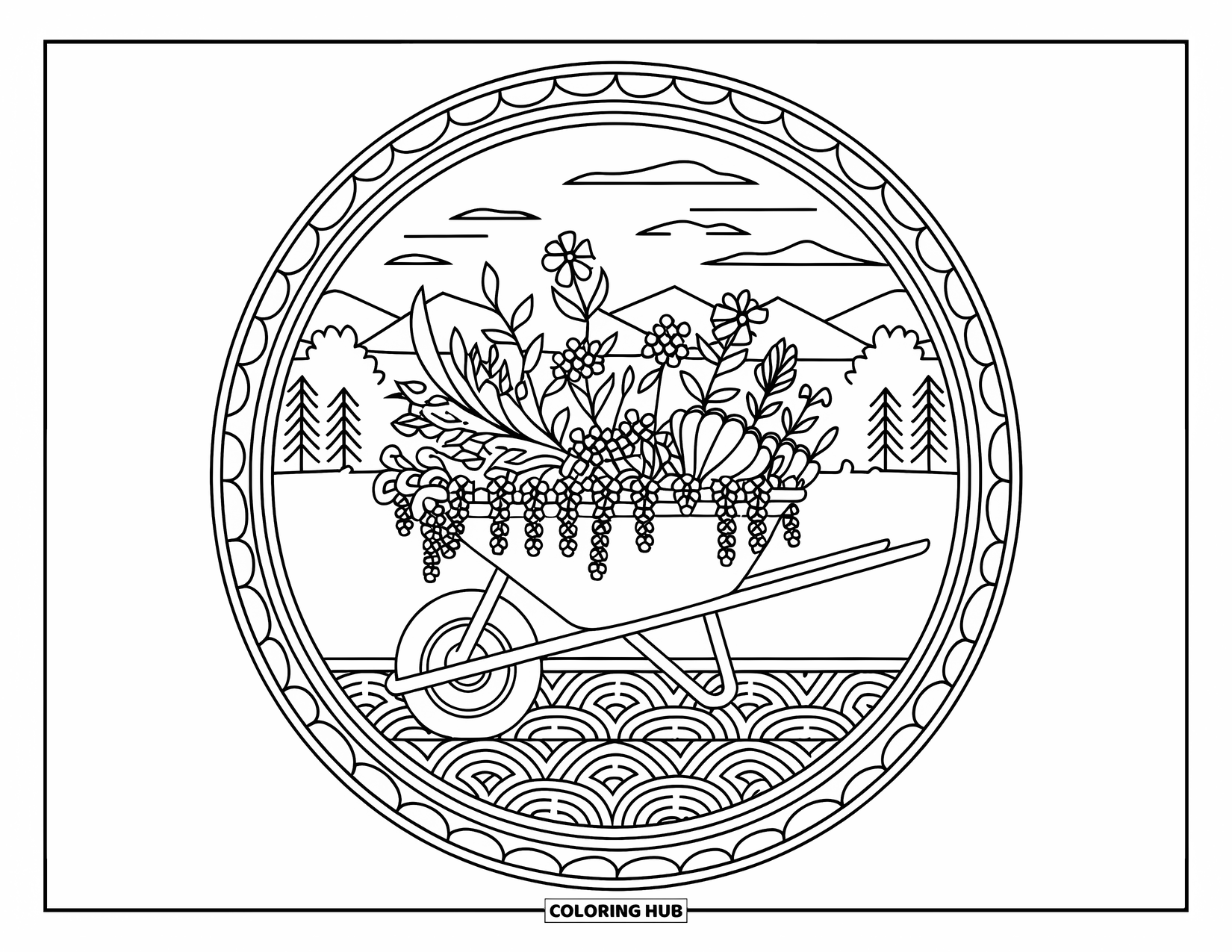 Gardening Coloring Page for Adults: Wheelbarrow of flowers and vegetables inside a circular mandala frame