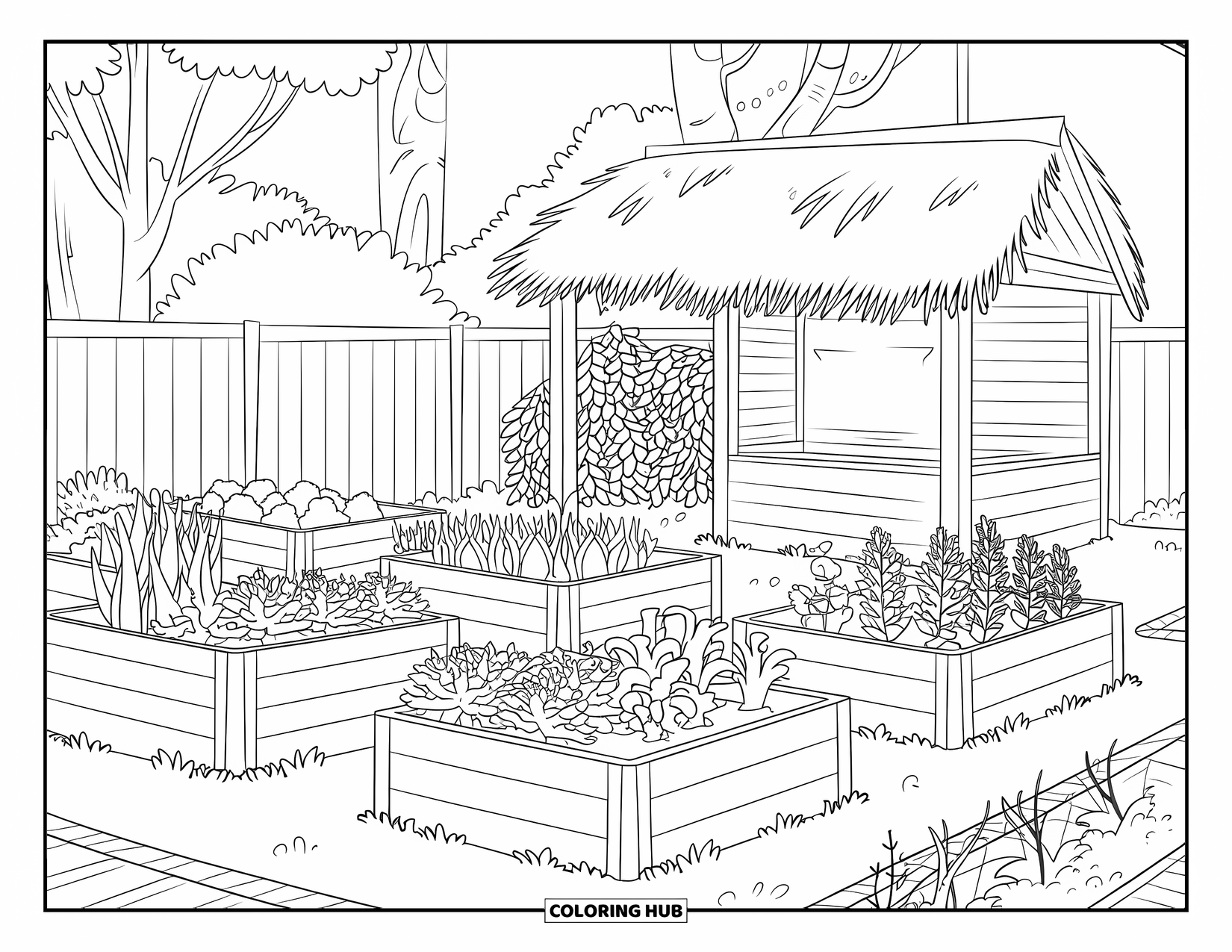 Gardening Coloring Page for Kids: Backyard garden with raised beds and a thatched wooden structure