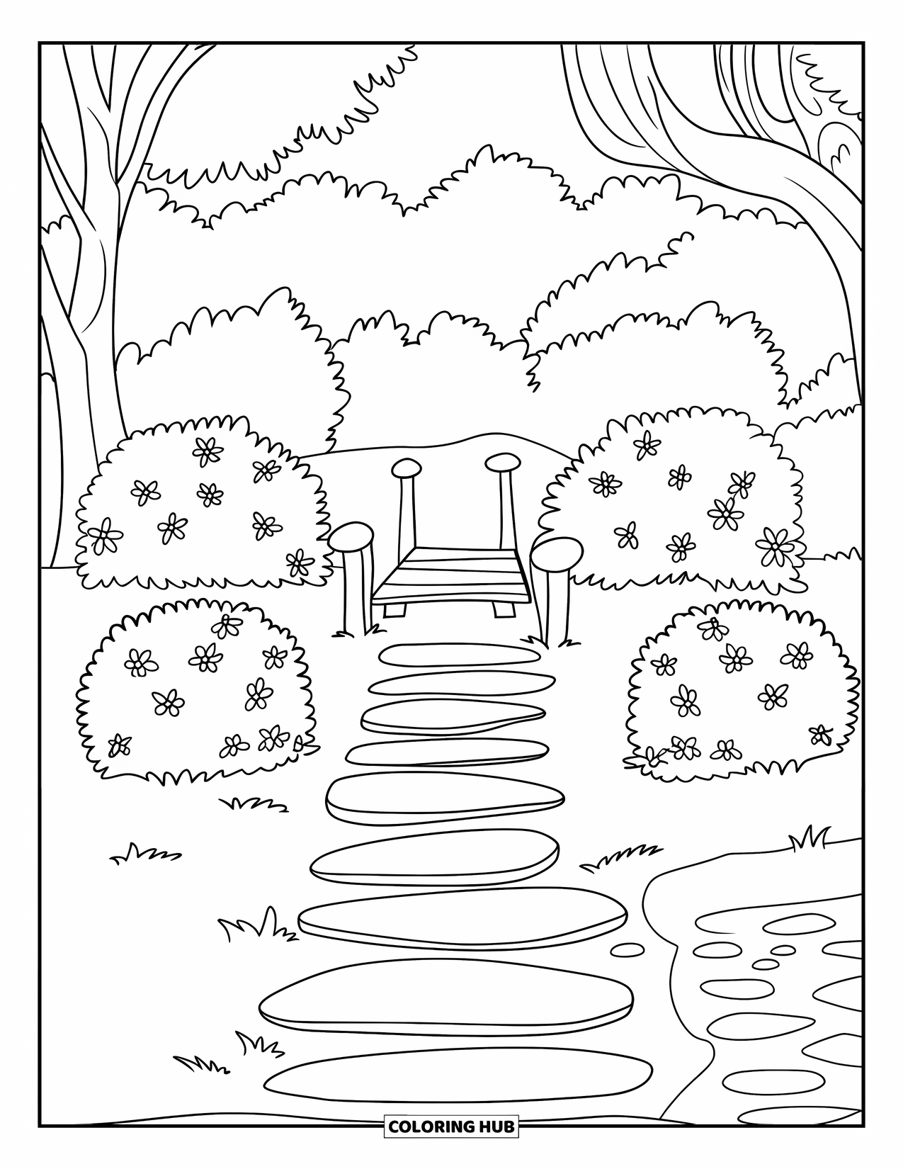 Gardening Coloring Page for Kids: Brick path with blooming bushes leading to a pond bridge