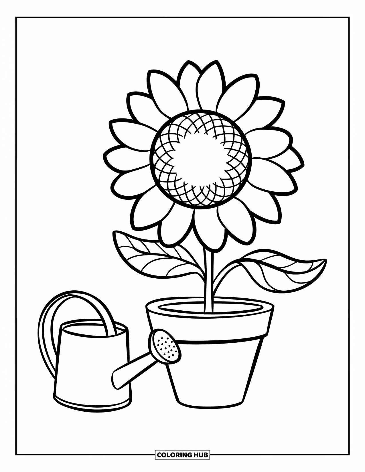 Gardening Coloring Page for Kids: Cheerful sunflower in a pot with a watering can