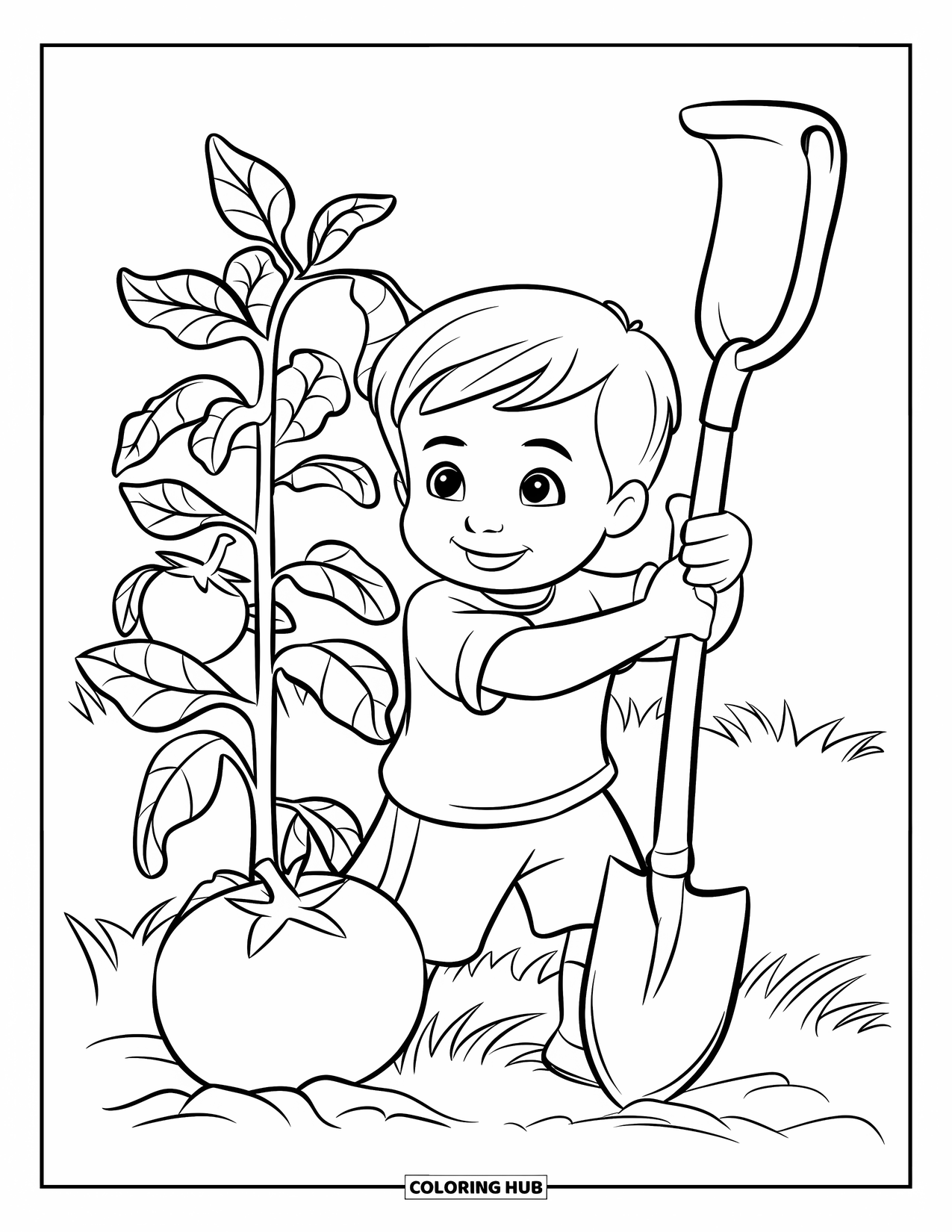 Gardening Coloring Page for Kids: Child with a shovel beside a ripe tomato plant
