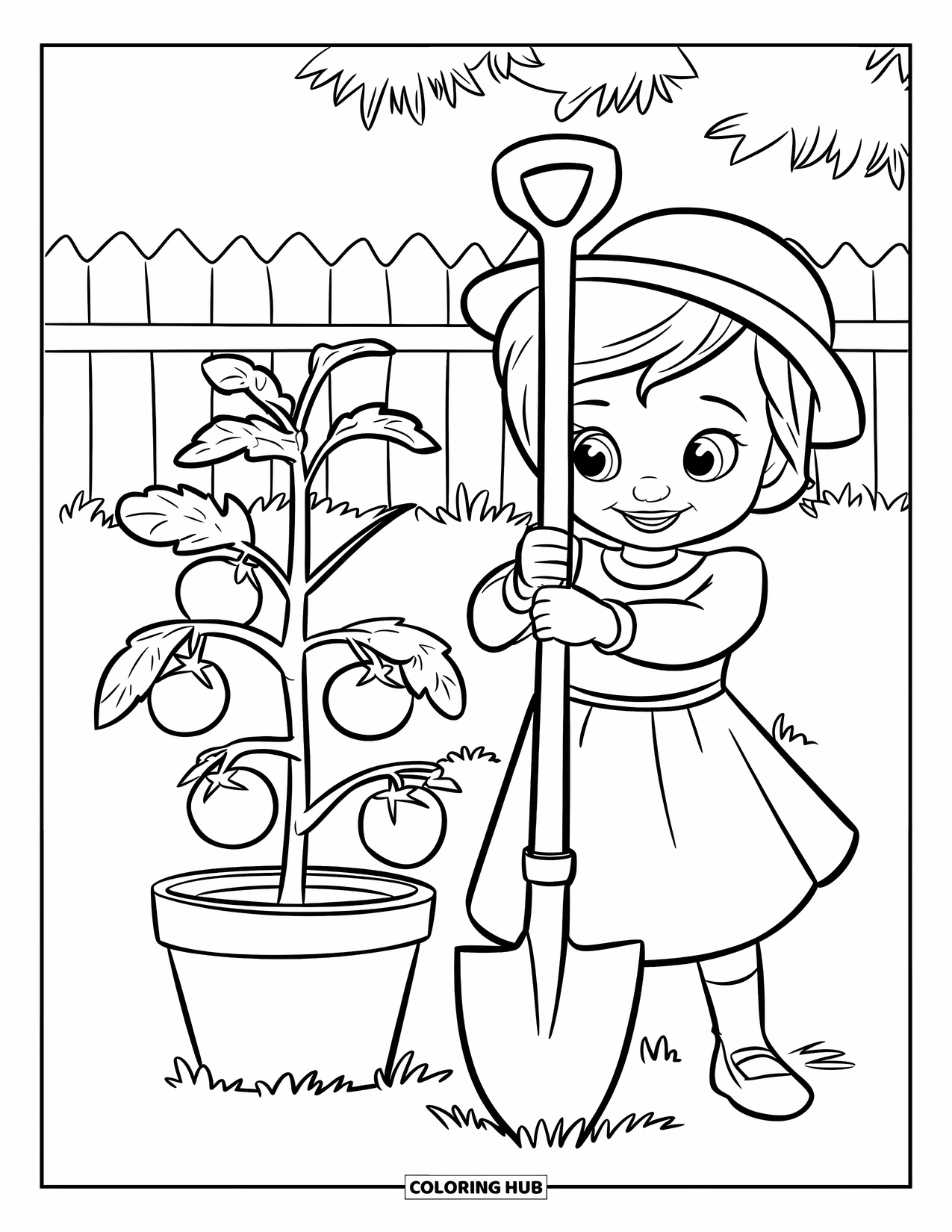 Gardening Coloring Page for Kids: Girl in a hat standing with a potted tomato plant