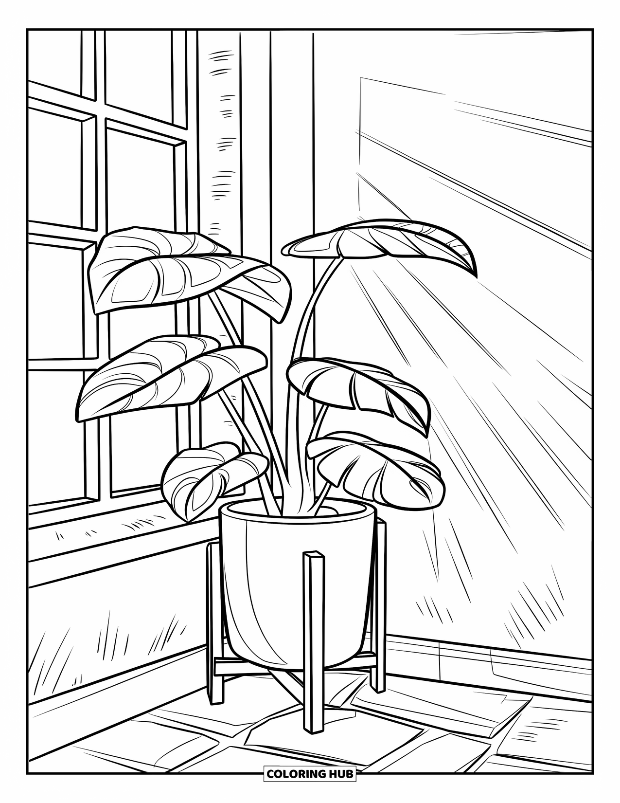 Gardening Coloring Page for Kids: Glossy-leaf plant casting a shadow near a stone base