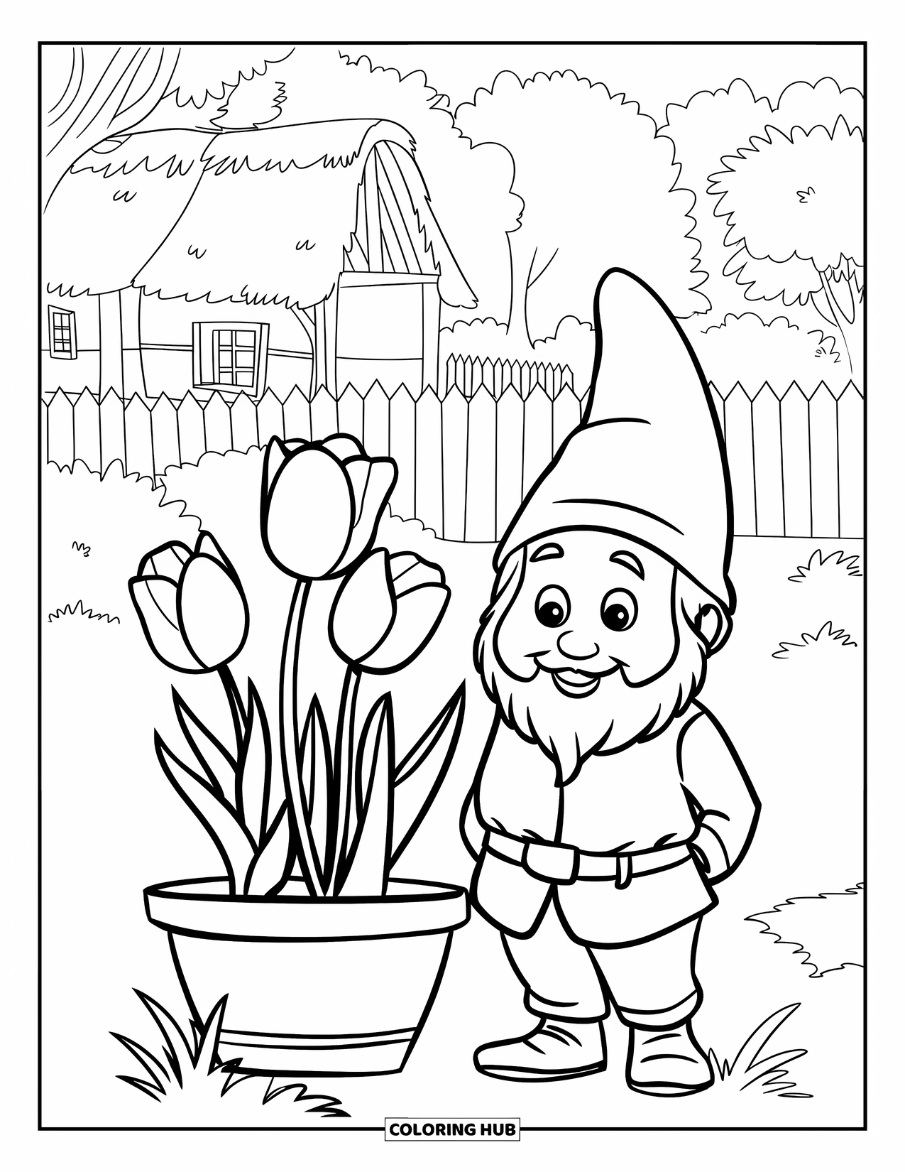 Gardening Coloring Page for Kids: Gnome and tulips near a cottage and wooden fence