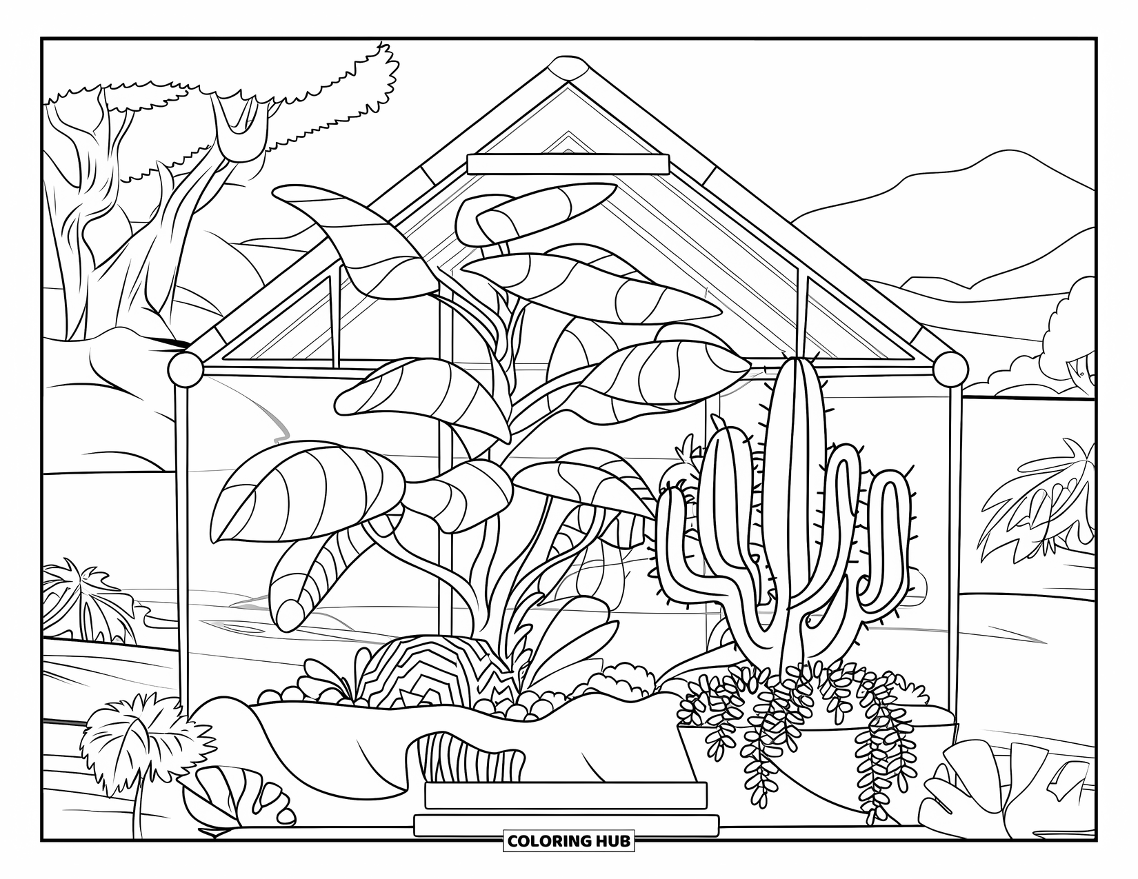 Gardening Coloring Page for Kids: Greenhouse with trees, cactus, and large leafy plants