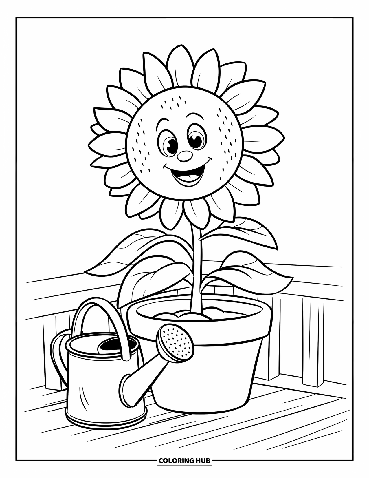Gardening Coloring Page for Kids: Happy sunflower in a pot beside a watering can