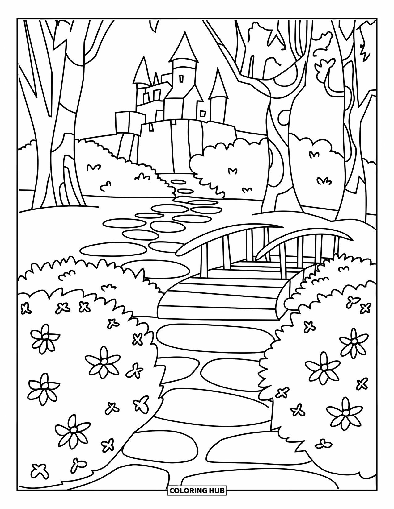 Gardening Coloring Page for Kids: Path with trees and bushes leading toward a castle