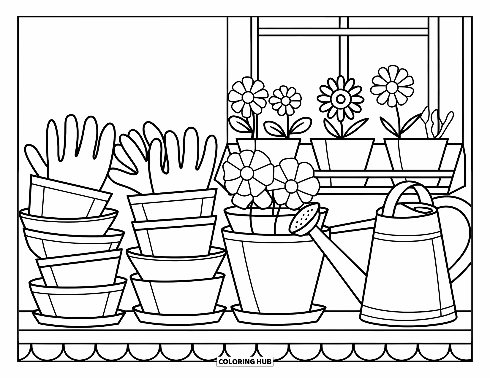 Gardening Coloring Page for Kids: Shelf with pots, gloves, and a watering can by a window