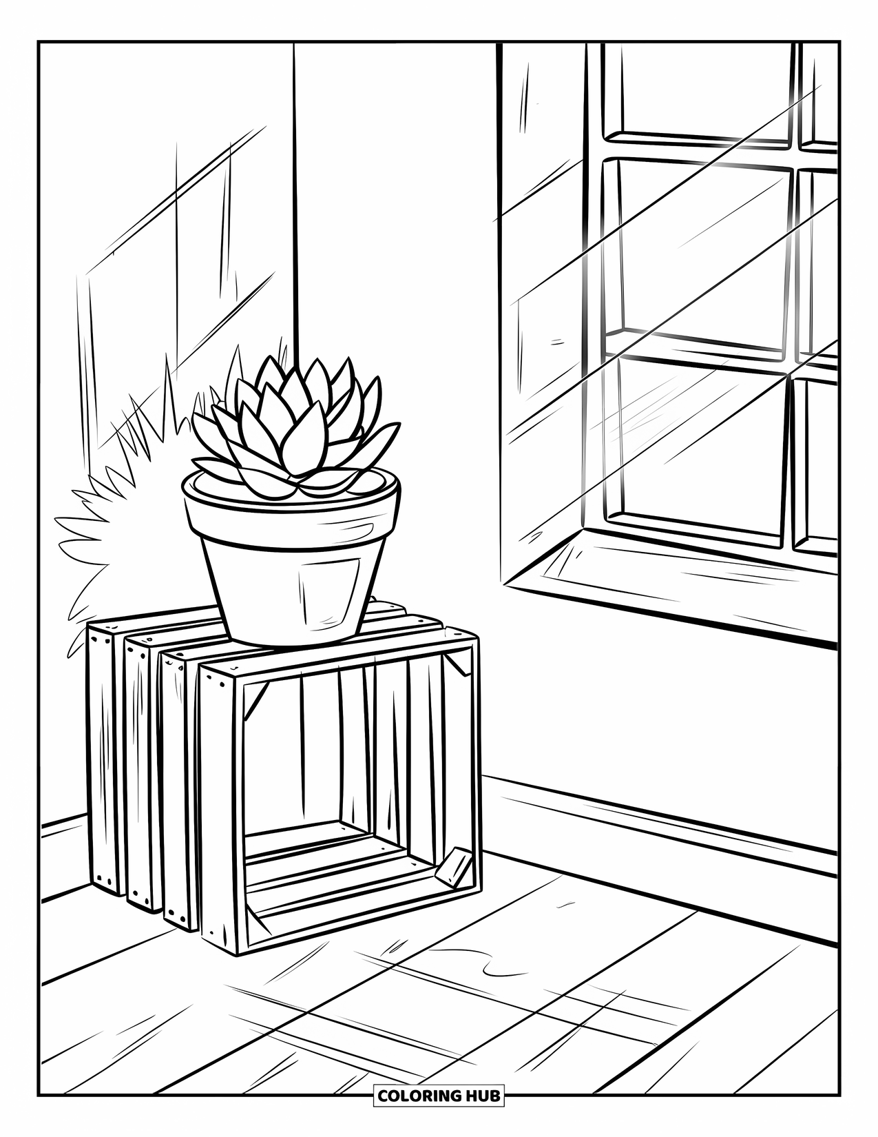 Gardening Coloring Page for Kids: Succulent on a wooden crate soaking in sunlight