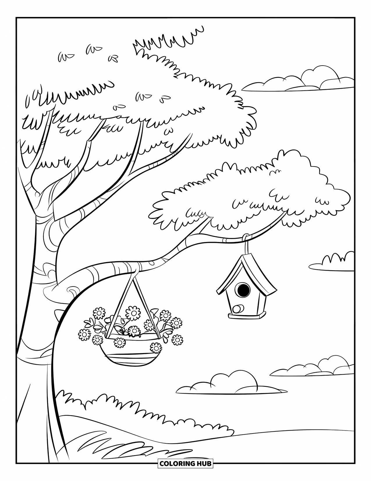 Gardening Coloring Page for Kids: Tree branches holding a flower basket and birdhouse
