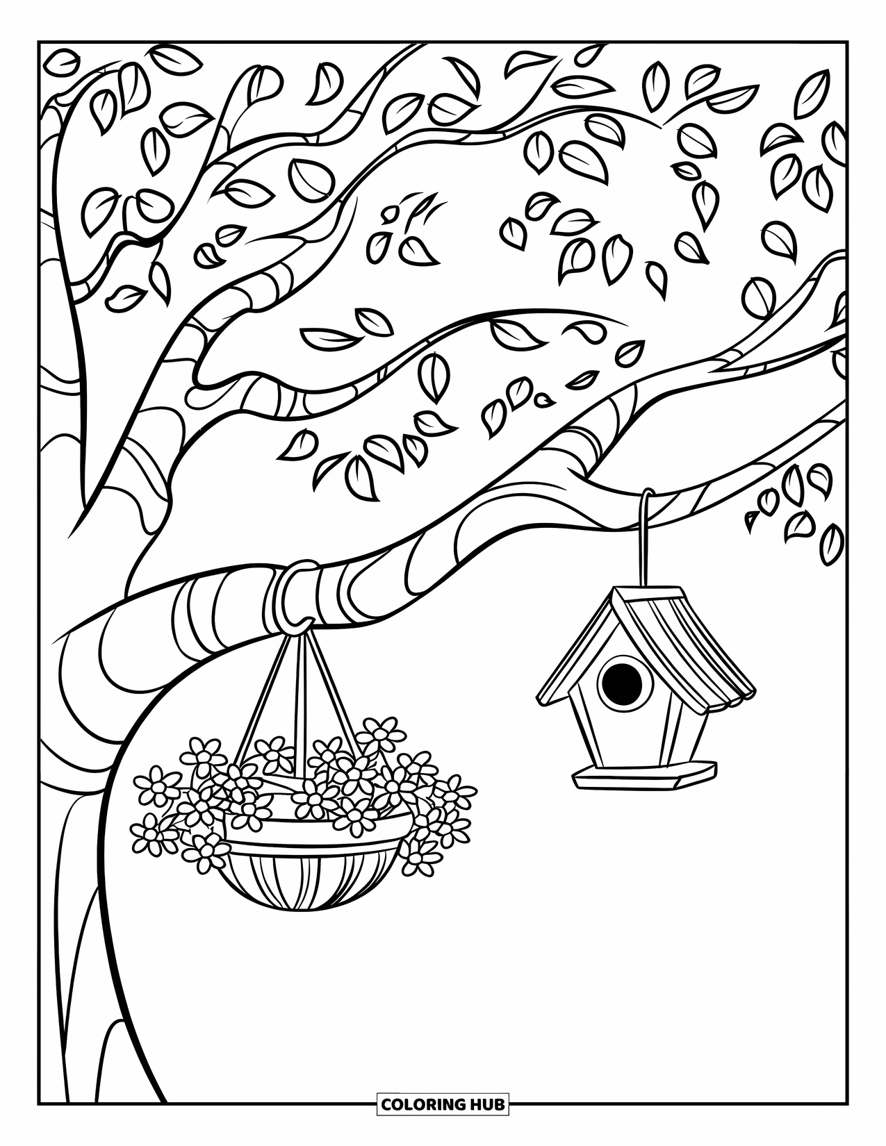 Gardening Coloring Page for Kids: Tree with a hanging flower basket and birdhouse