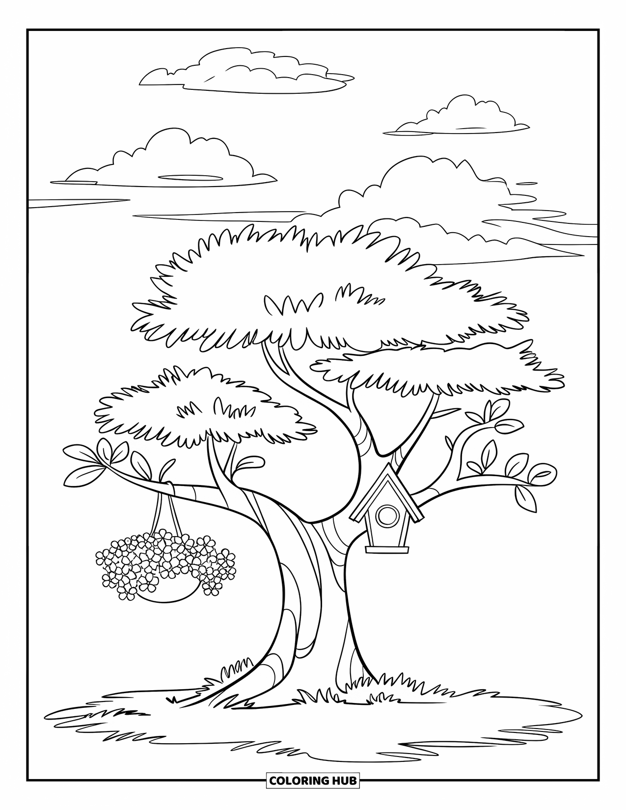 Gardening Coloring Page for Kids: Tree with basket of flowers and a birdhouse in the sky