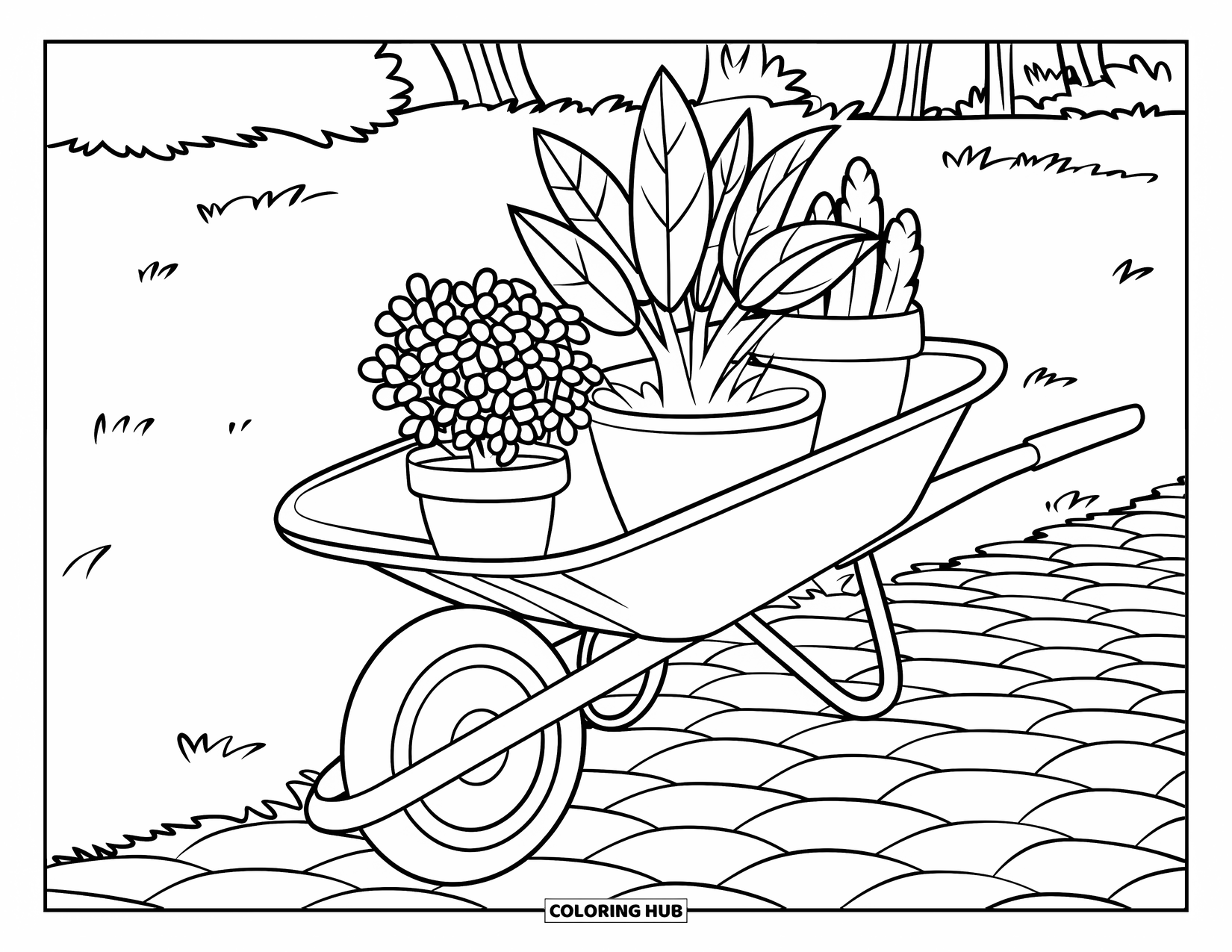 Gardening Coloring Page for Kids: Wheelbarrow of potted plants on a cobblestone path