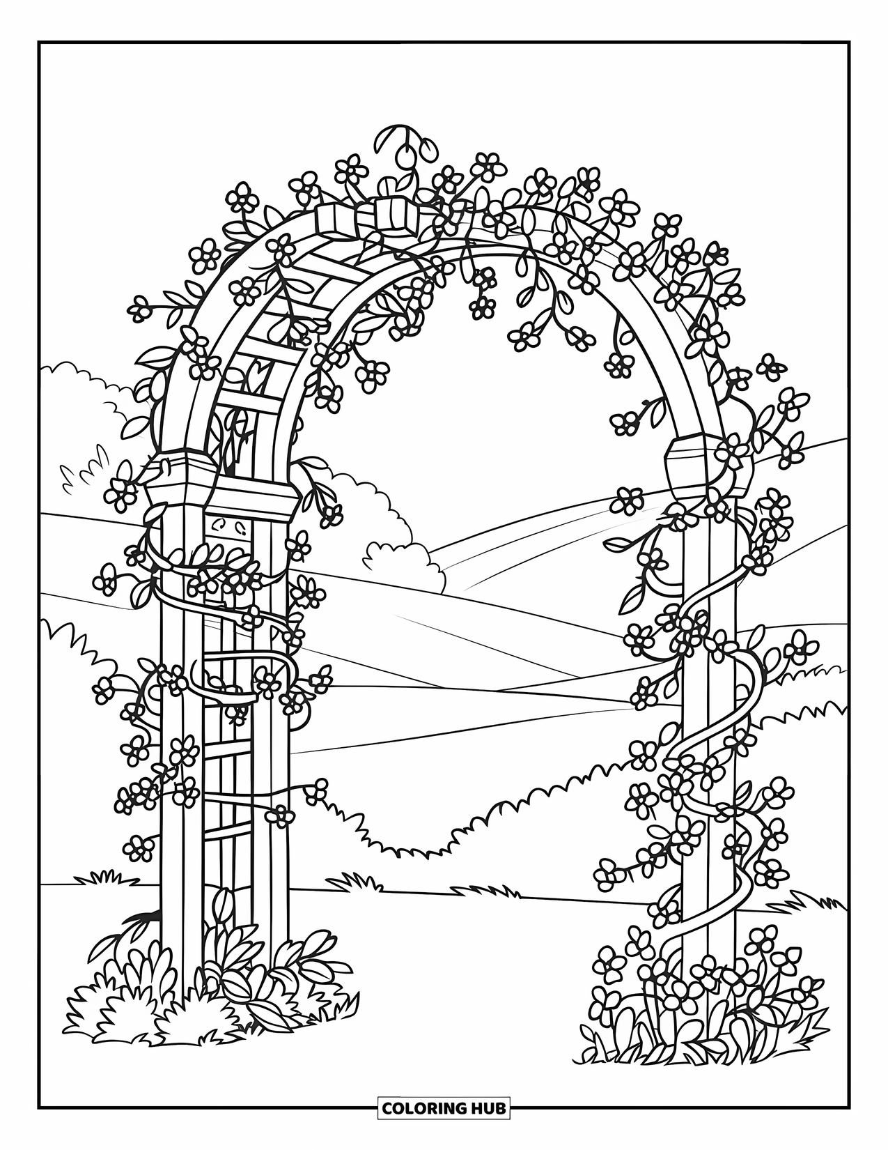 Gardening Coloring Page for Kids: Wooden trellis covered in climbing vines and flowers