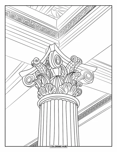 Coloriage de Grèce pour adultes : Une colonne corinthienne aux contours marqués offre une expérience de coloriage apaisante et minutieuse