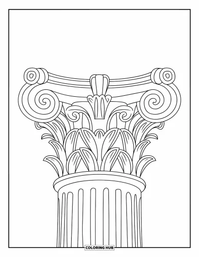 Coloriage de Grèce pour adultes : Une colonne corinthienne ornée de volutes et de feuilles se dresse sur un fond blanc