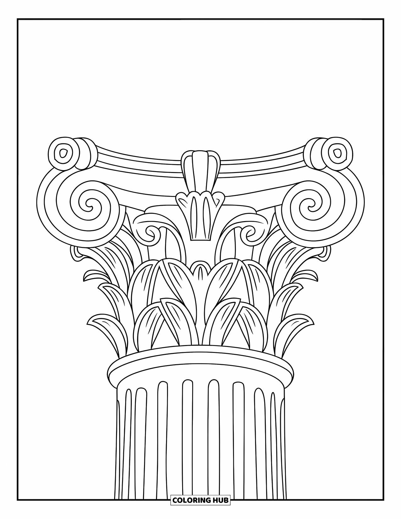 Greece Coloring Page for Adults: A Corinthian column with scrolls and leaves stands tall on a white background