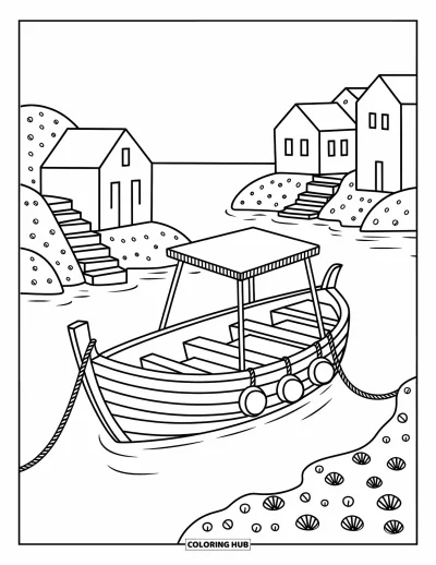 Coloriage de Grèce pour adultes : Un bateau de pêche flotte dans un port tranquille près de maisons blanches et de marches en pierre