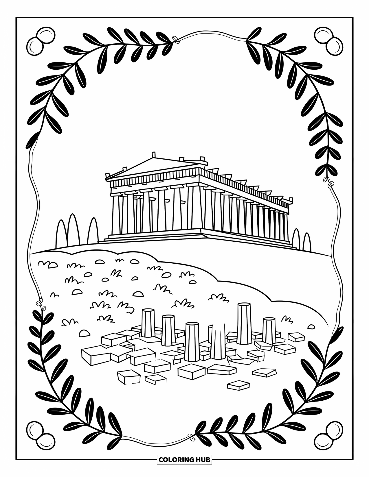 Greece Coloring Page for Adults: A gentle hilltop holds the Parthenon with olive trees and playful curved columns